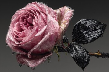 Close-up of a  pink rose with water droplets