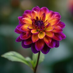 Vibrant dahlia with a gradient of purple and yellow-orange petals