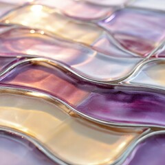 Abstract close-up of wavy, iridescent glass tiles in pastel pinks, purples, and creams