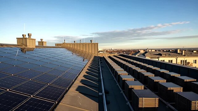 Time lapse of solar panels on rooftop generating clean energy, aerial view of city