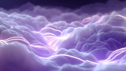 Abstract landscape of soft, purple-toned, mountainous forms, illuminated by glowing, ethereal streaks