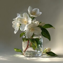 Delicate white jasmine blossoms in a clear glass vase, bathed in soft light