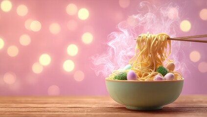Colorful Easter noodles in a bowl, steaming