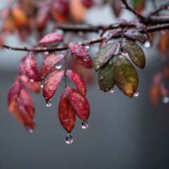 Autumn leaves, wet with dew drops, close-up