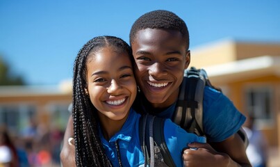 Cheerful group of diverse teenage friends enjoying a playful moment outside their school, with one friend giving another a piggyback ride, symbolizing unity and strong friendship, Generative AI