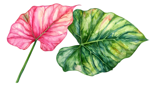 Pink caladium Green palm leaf Tropical plants Watercolor botany isolated on a transparent background