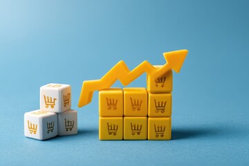 Yellow and white cubes with shopping cart icons, forming a chart with an upward trend, on a light blue background