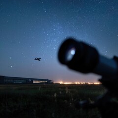 Night sky telescope view of airplane