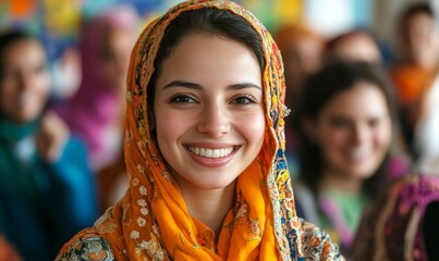 Fototapeta premium Joyful assembly of diverse friends from various cultural backgrounds, smiling and displaying unity and friendship in a vibrant social setting, Generative AI