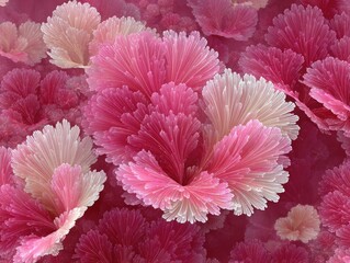 Abstract floral pattern of pink and white, layered, feathery blooms