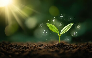 Young sprout in soil, surrounded by eco icons, bathed in sunlight