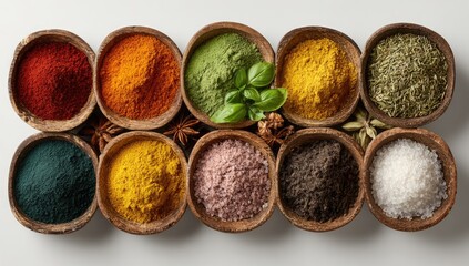 Colorful spice powders and herbs in small bowls