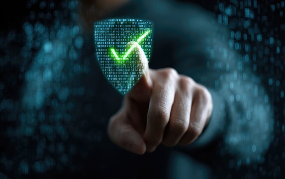Hand touches digital shield with checkmark, signifying security