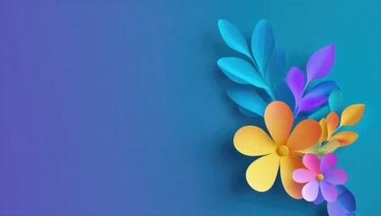 Vibrant paper flowers and leaves on a teal gradient background