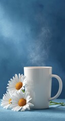 White mug with chamomile flowers and steam on a blue background