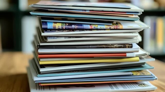 Stack of magazines on desk in library