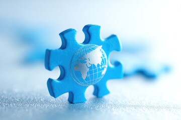 Blue puzzle piece with a globe graphic