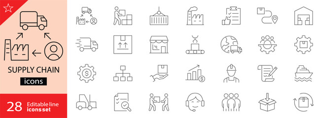 Supply Chain related icons set. Including logistics, warehouse, delivery, transport, inventory, freight, distribution, and tracking. Editable stroke. Outline icons. Perfect for infographics.