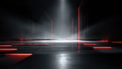 Dark, futuristic interior with red neon accents and a spotlight