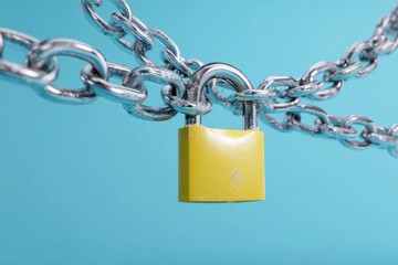 Yellow padlock secured by metal chains against a light teal background