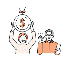 シンプル　イラスト　資産運用がうまくいって笑顔のシニアの男女　人物