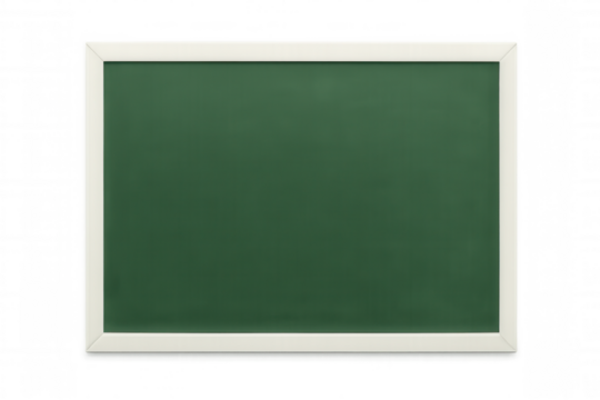 Classic empty green chalkboard with white frame on a transparent background, ready for your message