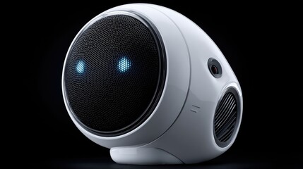 Round, white, smart speaker with glowing eyes