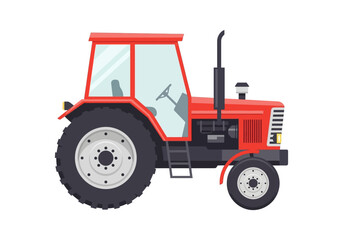 Red agricultural tractor isolated on white background, a modern farm vehicle designed for various cultivation tasks and field operations
