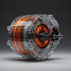 Transparent electric motor core showcasing technology, innovation, and automotive design solutions