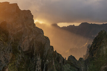 Beautiful fog and and mountain landscapes at Pico de Arieiro, Madeira, Portugal. 