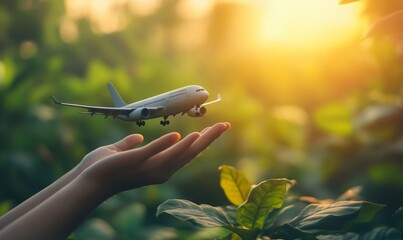 Eco-conscious traveler selecting green travel options, focusing on sustainable aviation practices to reduce carbon footprint and contribute to environmental protection, Generative AI