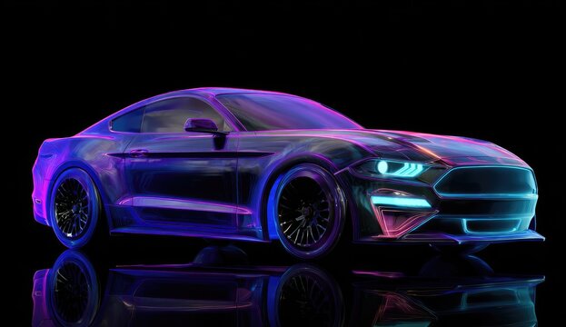 Neon-hued, wireframe sports car on a black reflective surface