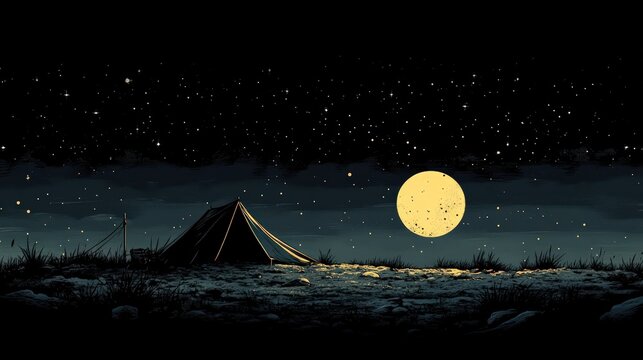 Dark night, starry sky, camping tent