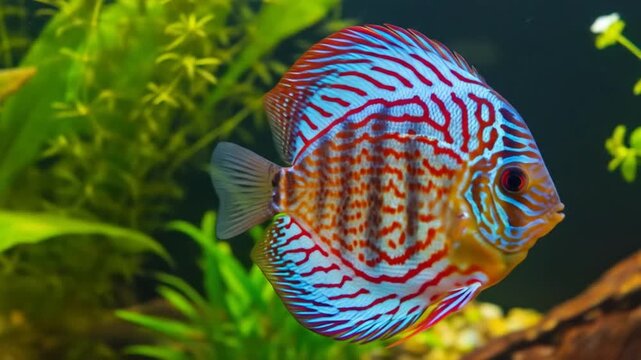 Graceful movements of a vibrant discus fish amidst lush green aquatic plants in a captivating