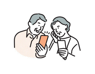 シンプル　イラスト　スマホを持って笑顔のシニアの男女　人物