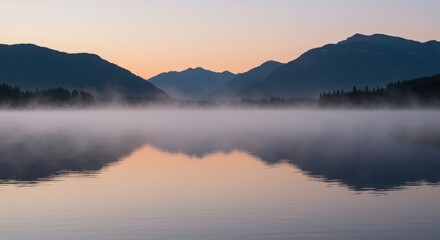 Fototapeta premium Serene Lake at Sunrise with Mist and Mountain Reflection