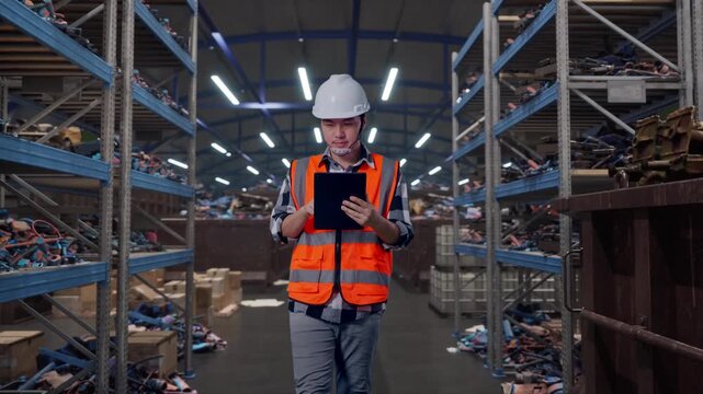 Front View of Asian Male Engineer Use Tablet While Walking at Industrial Scrap Metal and Recycling Warehouse
