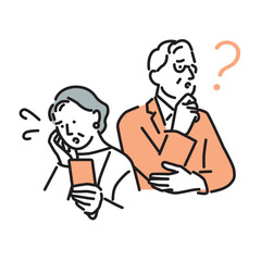 シンプル　イラスト　スマホを持って考え込むシニアの男女　人物