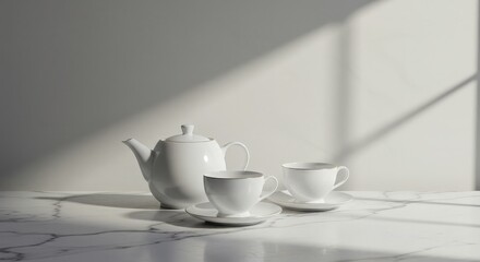 Fototapeta premium Elegant White Tea Set on Marble Surface with Soft Natural Light