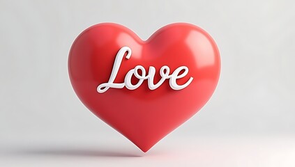 Red heart with the word Love inside a speech bubble on a light gray background, 3D illustration.