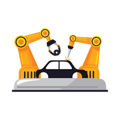 Automated Car Assembly Line with robotic arms welding and assembling a vehicle body, symbolizing advanced manufacturing, Industry 4.0, and smart factory automation.