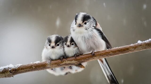 Heartwarming Winter Scene: Long-tailed Tit Family Snuggling on Snowy Branch Close up