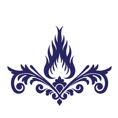 Elegant navy blue floral flourish design with stylized flame elements on a white background