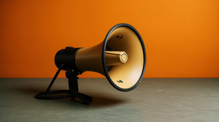 Golden megaphone with accents on a textured surface against an orange backdrop bullhorn sound amplification