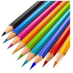 Vibrant colored pencils arranged in a radiating fan shape against a black background.  Sharp points and colorful crayon-like bodies are prominent, with a variety of hues