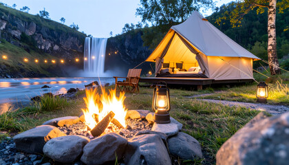 Glamping by a Waterfall at Night