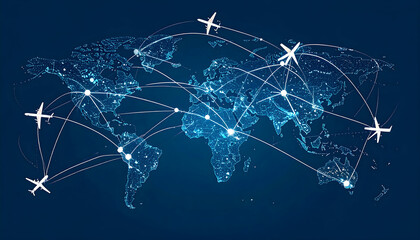 Global Air Travel Network: Illuminated World Map with Flight Routes