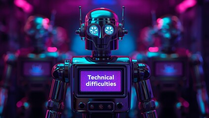 Futuristic robot with screen displaying technical difficulties in neon lighting