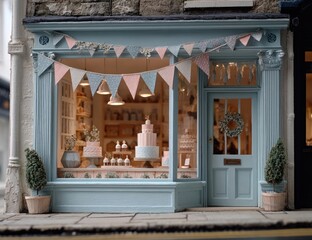 Miniature pastel-toned shopfront with festive decorations