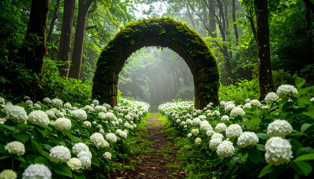 Moss Covered Stone Archway in a Lush Green Forest with White Hydrangeas